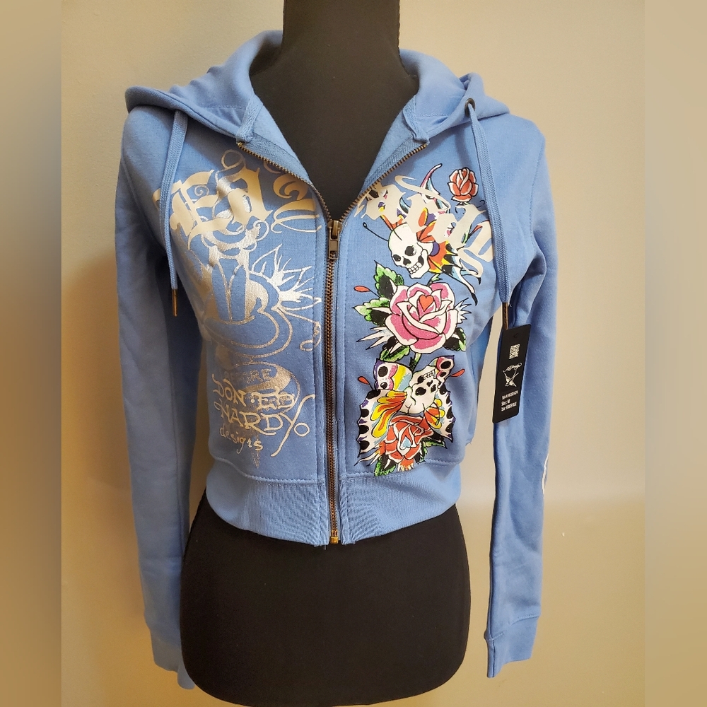 Ed Hardy Blue Hoodie with Colorful Graphics (NEW)